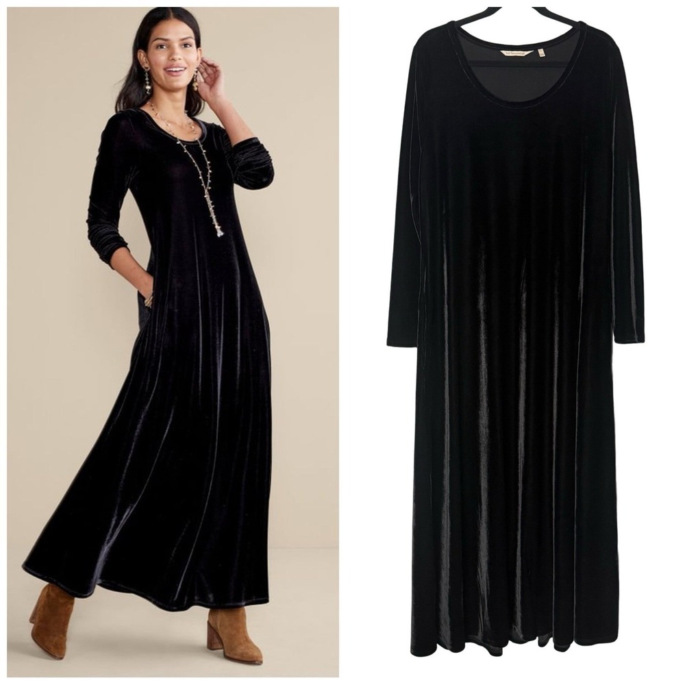 SOFT SURROUNDINGS $129 Santiago Stretch Velvet Maxi Dress Black Large Pockets